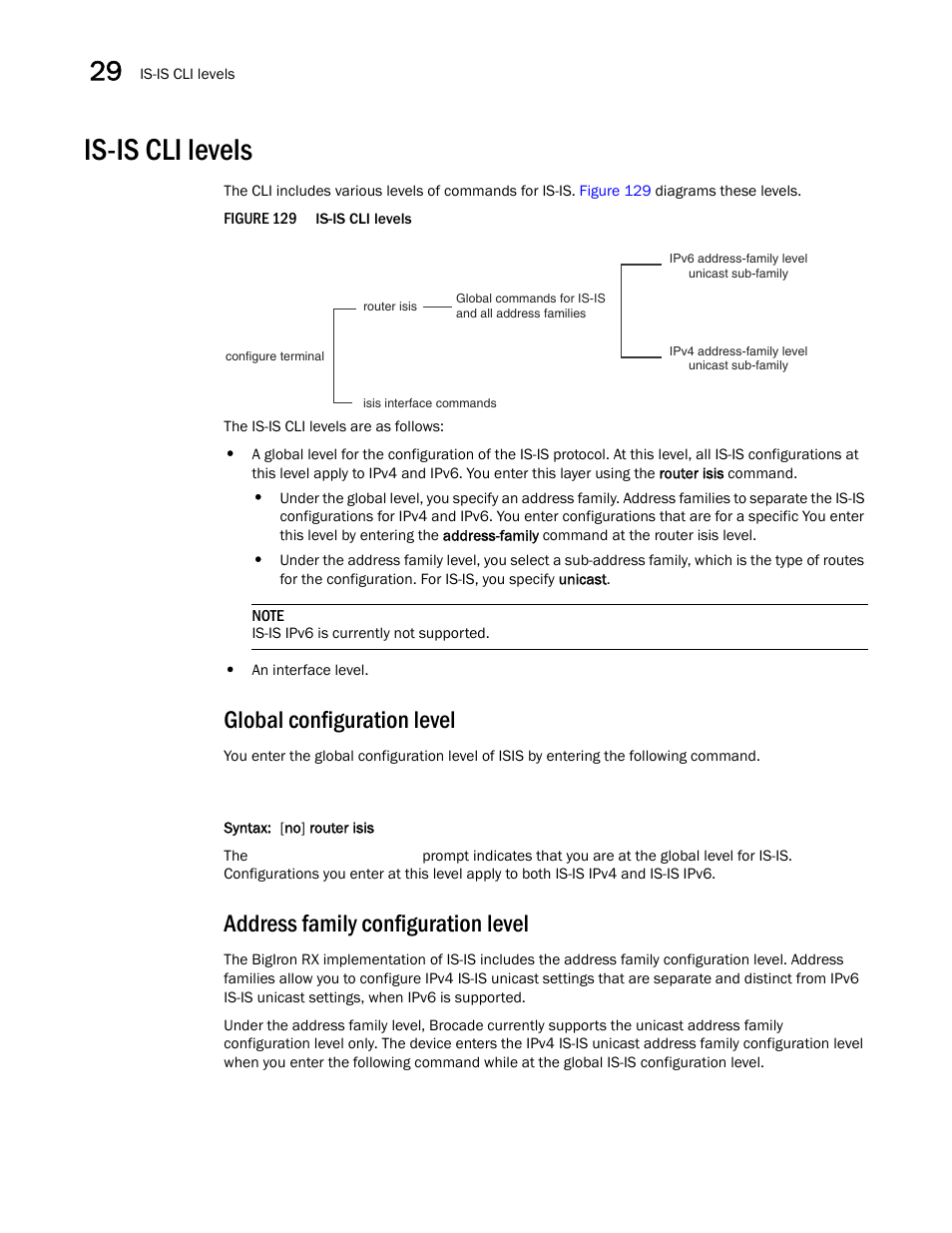 Is-is cli levels, Global configuration level, Address family configuration level | Brocade BigIron RX Series Configuration Guide User Manual | Page 1028 / 1550