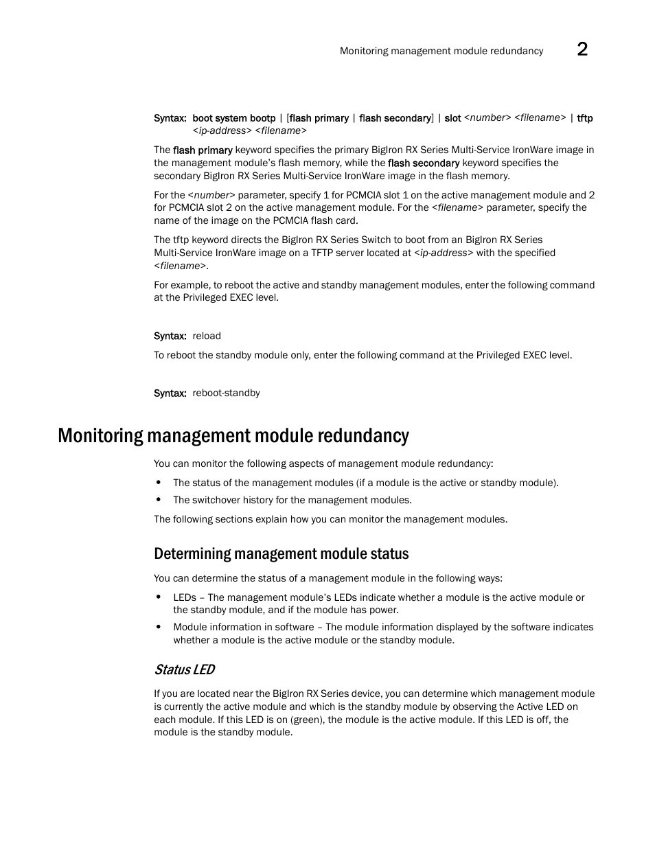 Monitoring management module redundancy, Determining management module status, Status led | Brocade BigIron RX Series Configuration Guide User Manual | Page 103 / 1550