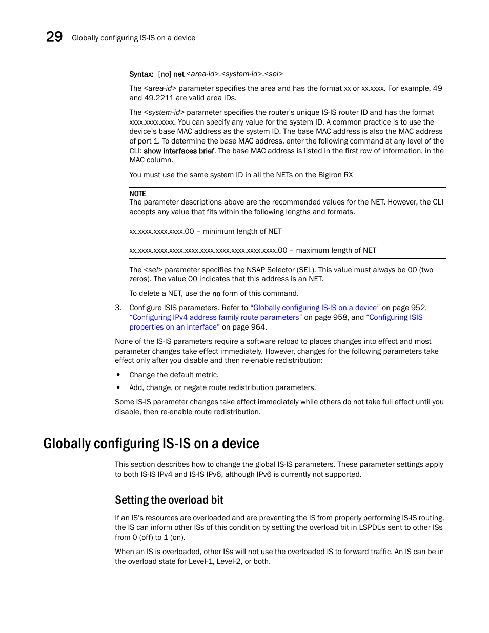 Globally configuring is-is on a device, Setting the overload bit | Brocade BigIron RX Series Configuration Guide User Manual | Page 1030 / 1550