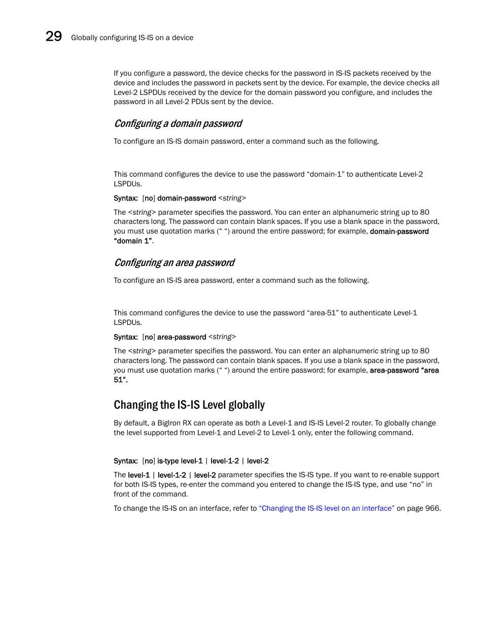 Changing the is-is level globally, Configuring a domain password, Configuring an area password | Brocade BigIron RX Series Configuration Guide User Manual | Page 1032 / 1550