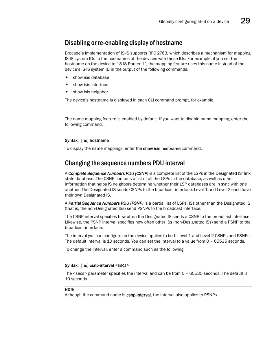 Disabling or re-enabling display of hostname, Changing the sequence numbers pdu interval | Brocade BigIron RX Series Configuration Guide User Manual | Page 1033 / 1550