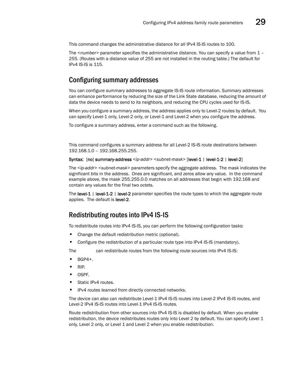 Configuring summary addresses, Redistributing routes into ipv4 is-is | Brocade BigIron RX Series Configuration Guide User Manual | Page 1039 / 1550