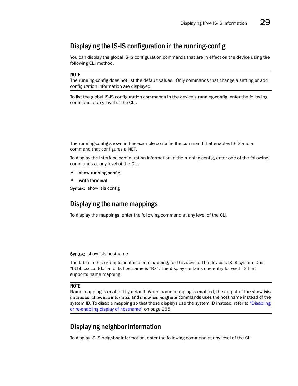 Displaying the name mappings, Displaying neighbor information, Displaying the | Is-is configuration in the running-config | Brocade BigIron RX Series Configuration Guide User Manual | Page 1047 / 1550