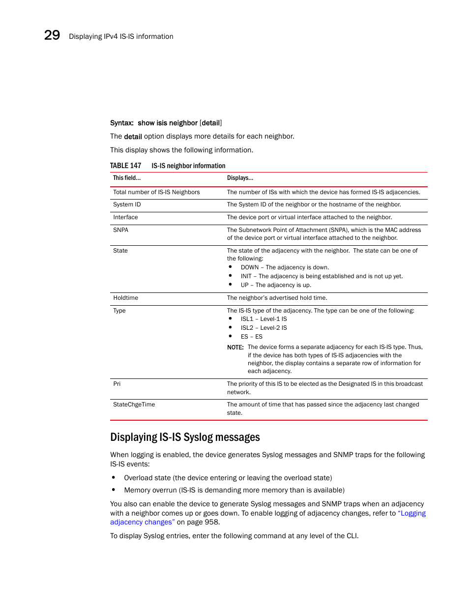 Displaying is-is syslog messages | Brocade BigIron RX Series Configuration Guide User Manual | Page 1048 / 1550