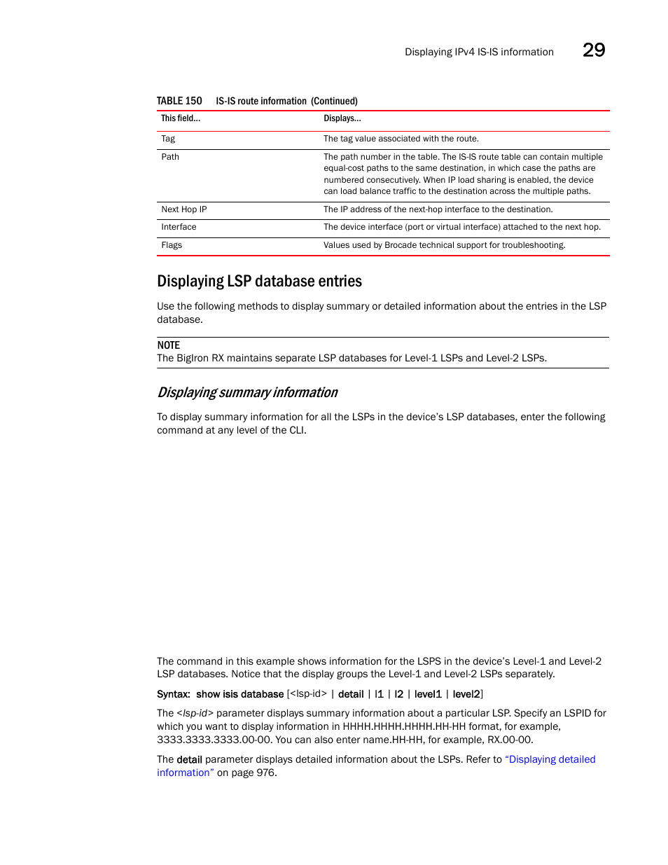 Displaying lsp database entries, Tries, Displaying summary information | Brocade BigIron RX Series Configuration Guide User Manual | Page 1053 / 1550