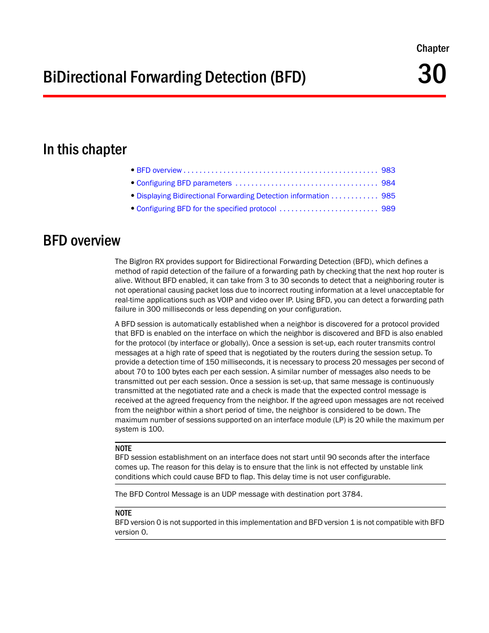 Bidirectional forwarding detection (bfd), Bfd overview, Chapter 30 | Bidirectional, Forwarding detection (bfd) | Brocade BigIron RX Series Configuration Guide User Manual | Page 1061 / 1550