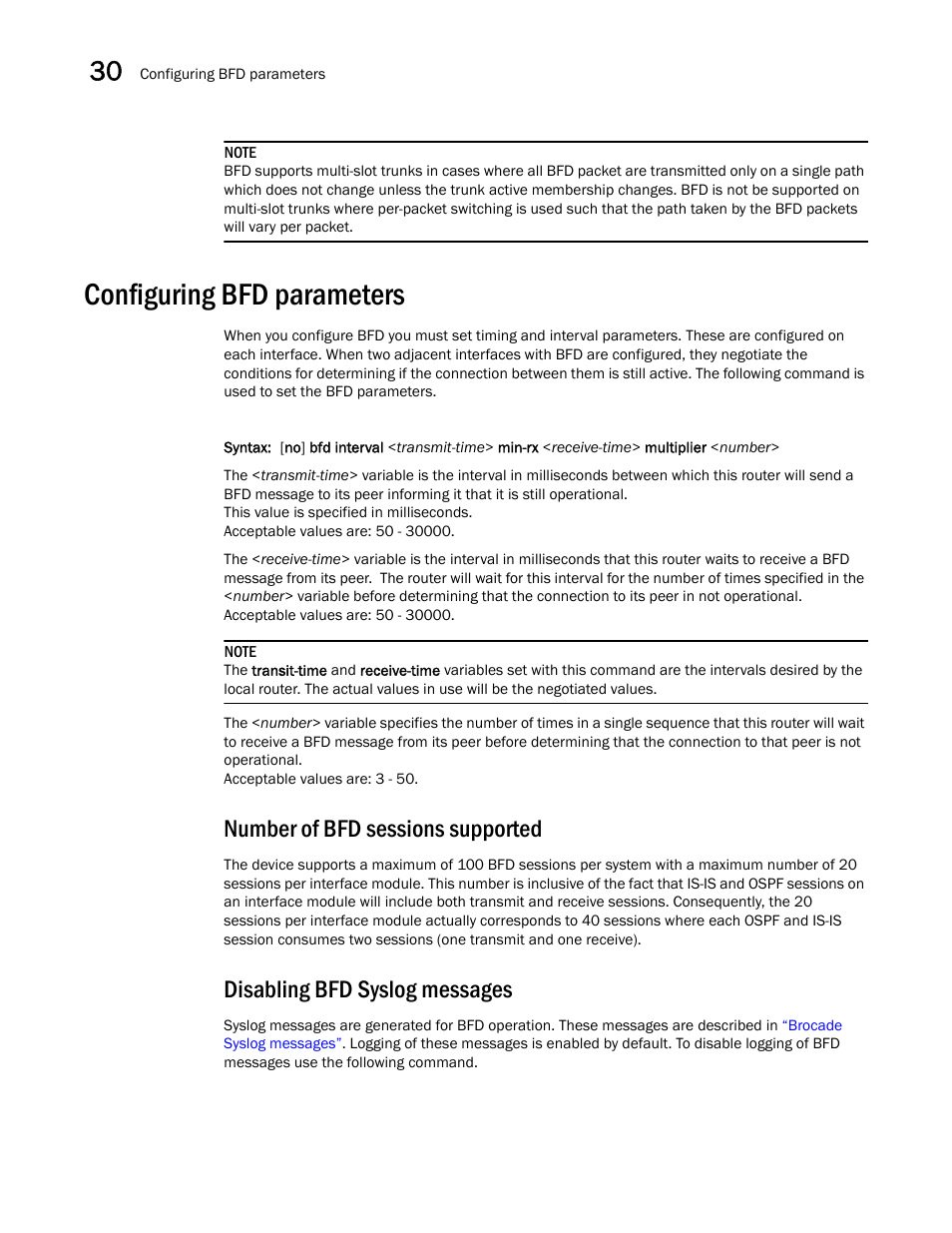 Configuring bfd parameters, Number of bfd sessions supported, Disabling bfd syslog messages | Brocade BigIron RX Series Configuration Guide User Manual | Page 1062 / 1550