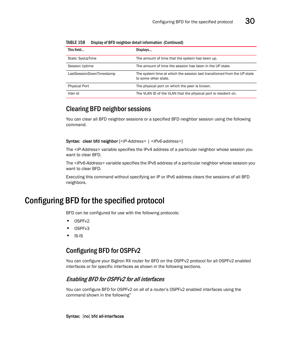 Clearing bfd neighbor sessions, Configuring bfd for the specified protocol, Configuring bfd for ospfv2 | Enabling bfd for ospfv2 for all interfaces | Brocade BigIron RX Series Configuration Guide User Manual | Page 1067 / 1550