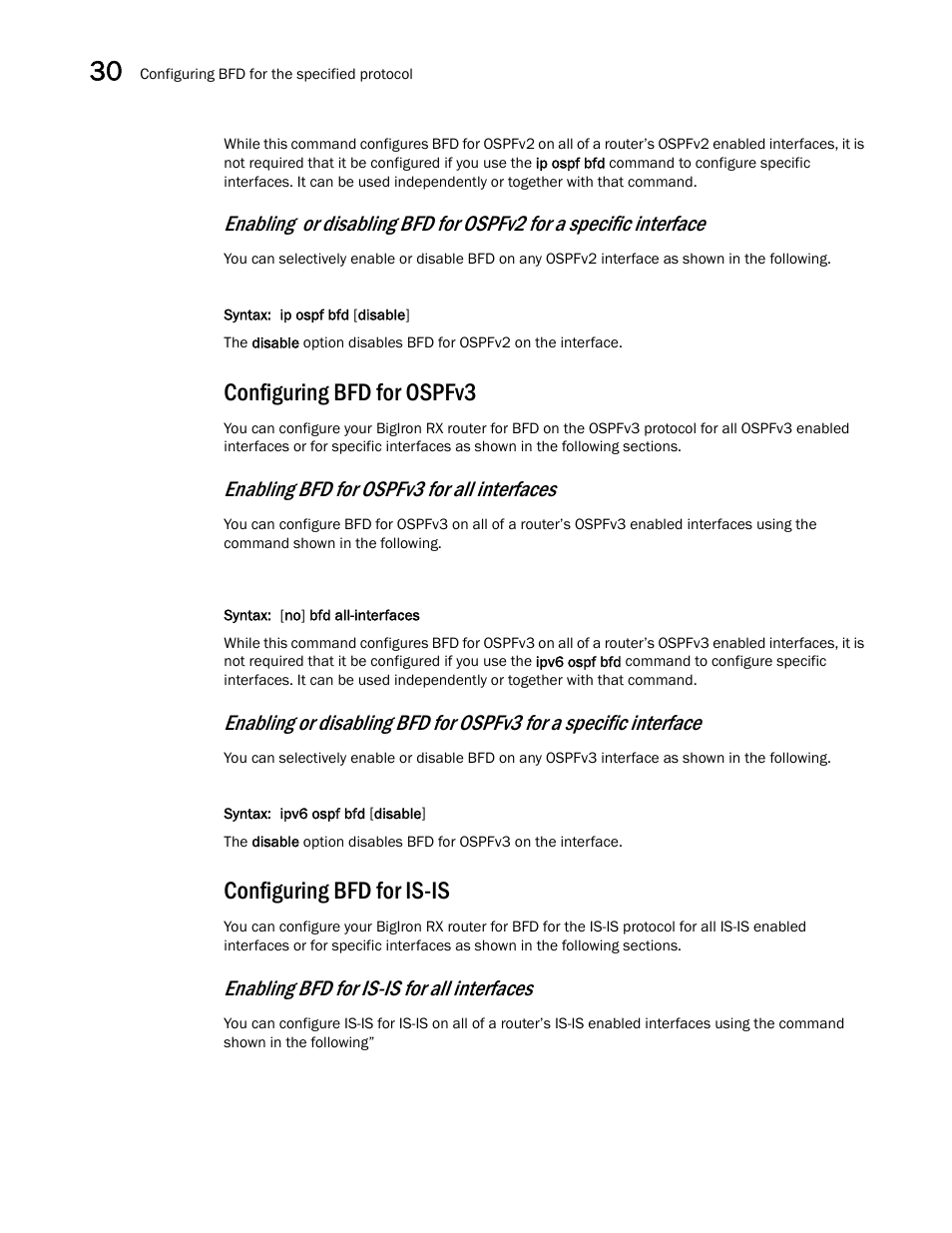 Configuring bfd for ospfv3, Configuring bfd for is-is, Enabling bfd for ospfv3 for all interfaces | Enabling bfd for is-is for all interfaces | Brocade BigIron RX Series Configuration Guide User Manual | Page 1068 / 1550