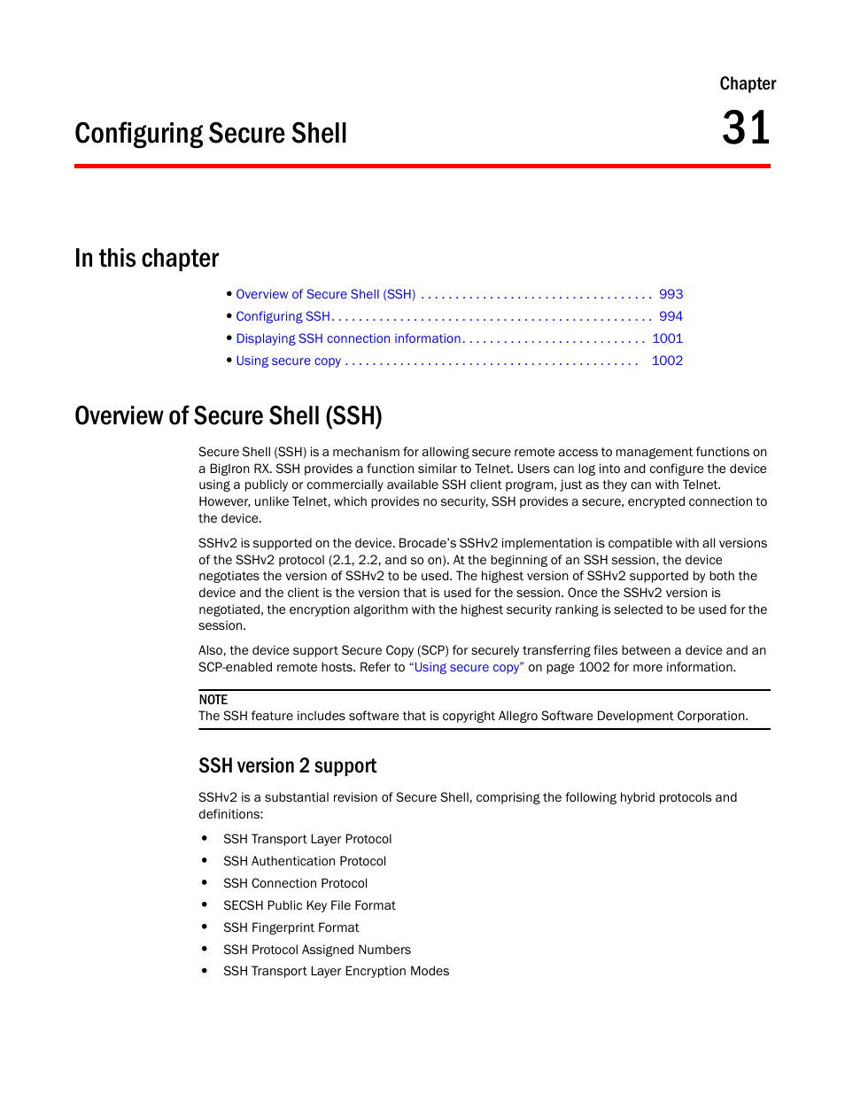 Configuring secure shell, Overview of secure shell (ssh), Ssh version 2 support | Chapter 31 | Brocade BigIron RX Series Configuration Guide User Manual | Page 1071 / 1550