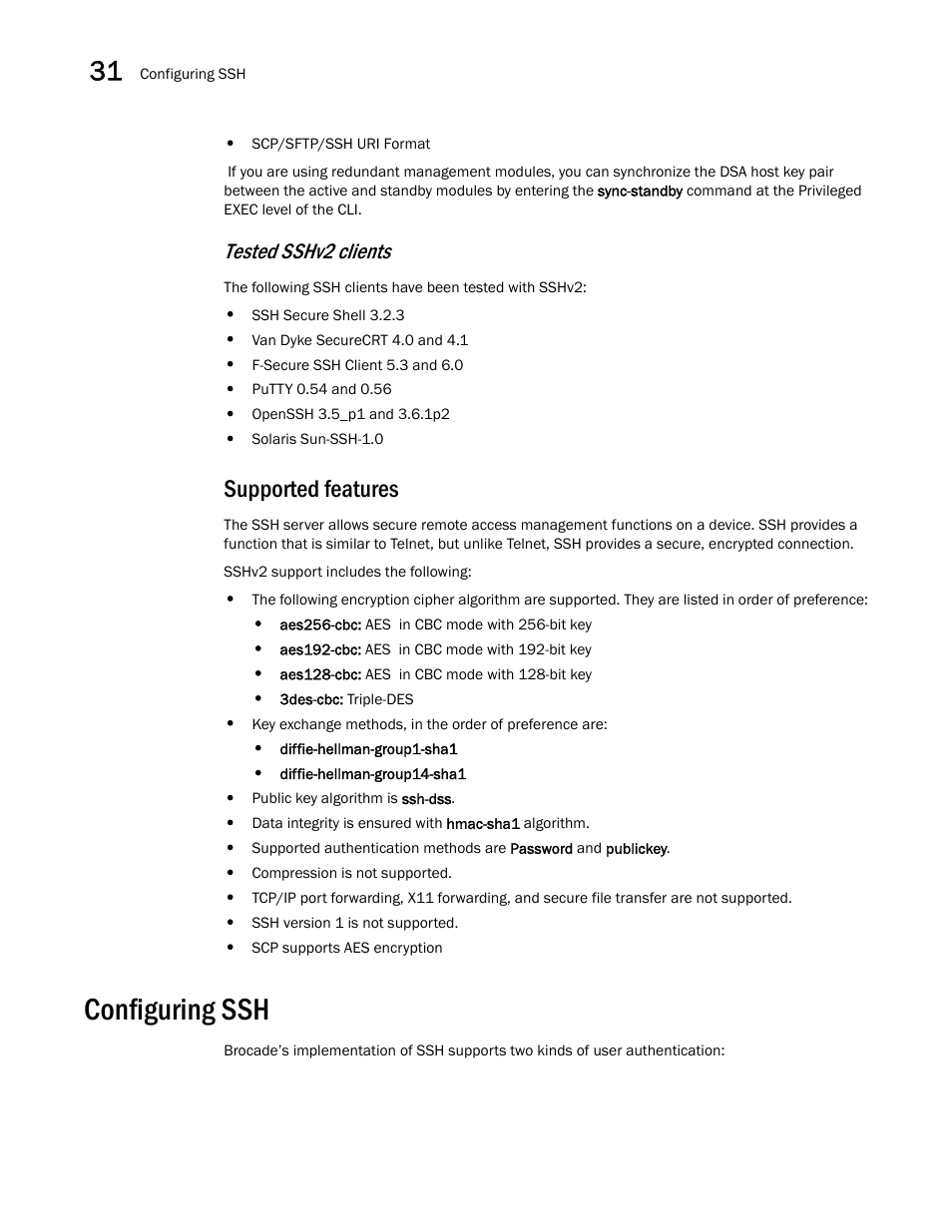 Supported features, Configuring ssh, Tested sshv2 clients | Brocade BigIron RX Series Configuration Guide User Manual | Page 1072 / 1550