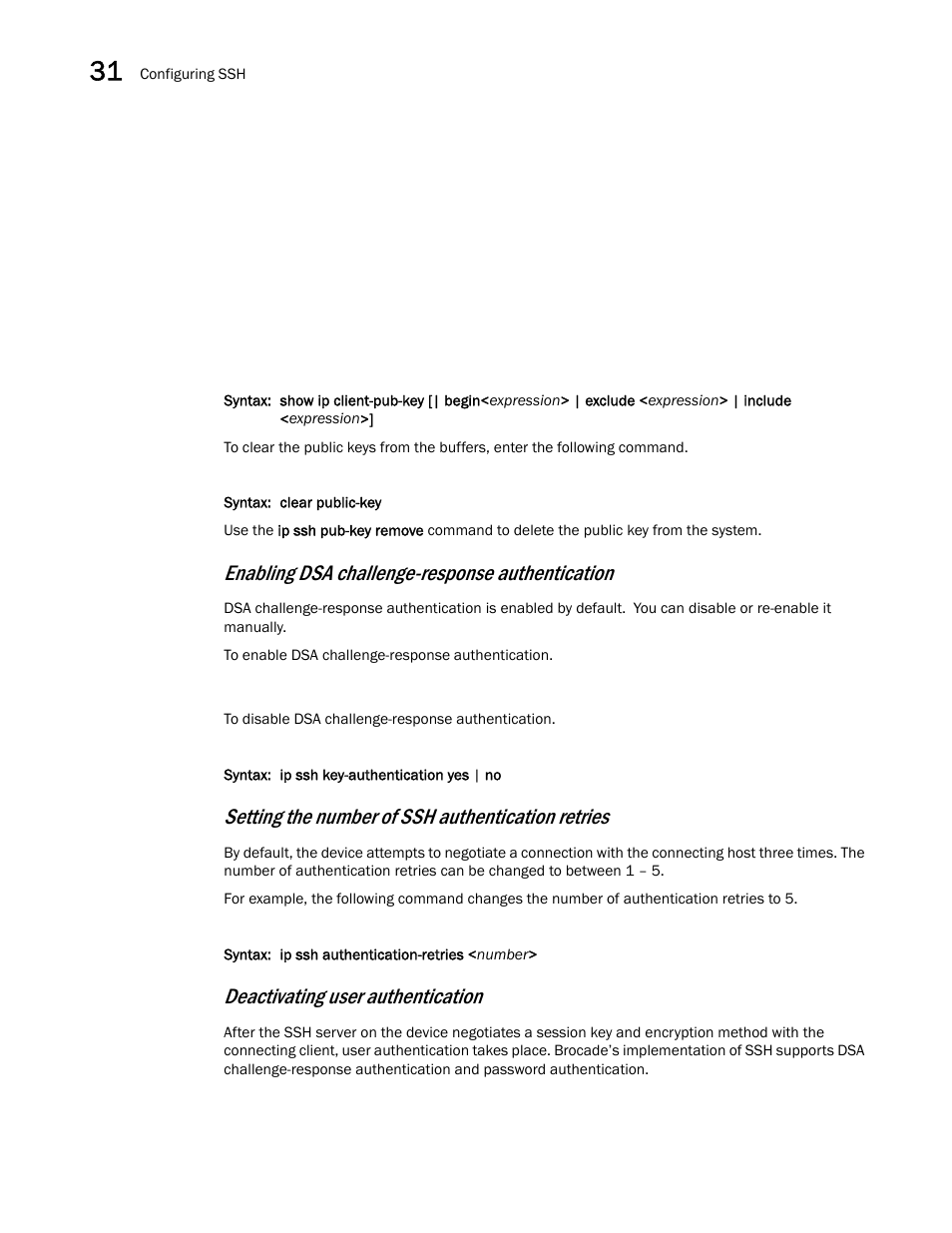 Enabling dsa challenge-response authentication, Setting the number of ssh authentication retries, Deactivating user authentication | Brocade BigIron RX Series Configuration Guide User Manual | Page 1076 / 1550