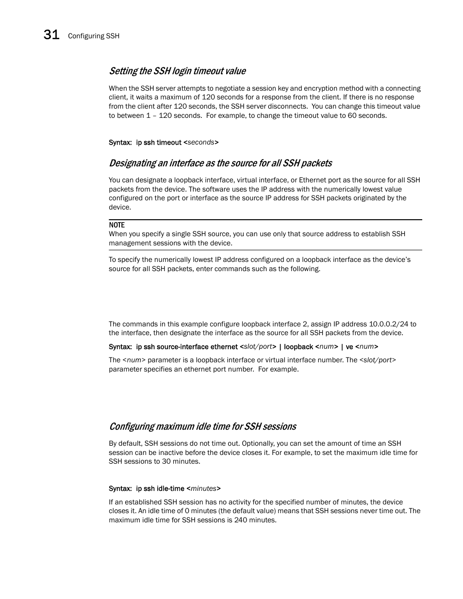 Setting the ssh login timeout value, Configuring maximum idle time for ssh sessions | Brocade BigIron RX Series Configuration Guide User Manual | Page 1078 / 1550