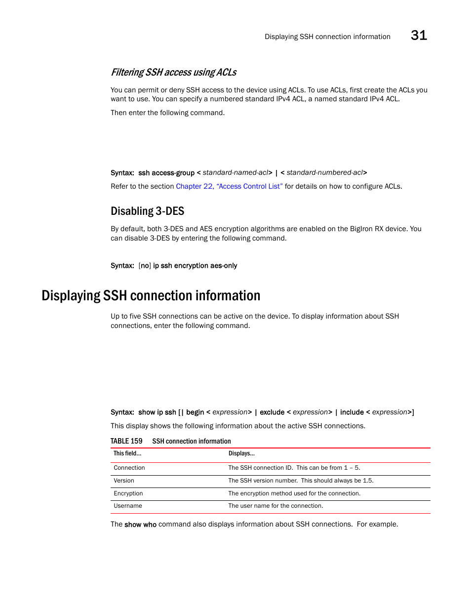 Disabling 3-des, Displaying ssh connection information, Displaying ssh connection information 1 | Filtering ssh access using acls | Brocade BigIron RX Series Configuration Guide User Manual | Page 1079 / 1550