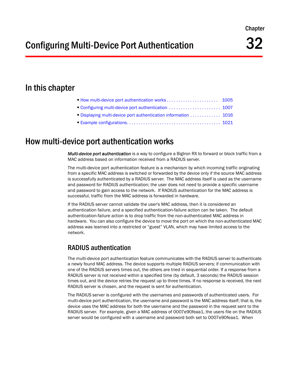 Configuring multi-device port authentication, How multi-device port authentication works, Radius authentication | Chapter 32, Configuring multi-device, Port authentication, How multi-device port, Authentication works | Brocade BigIron RX Series Configuration Guide User Manual | Page 1083 / 1550