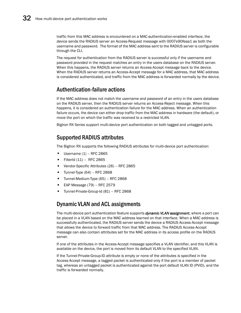 Authentication-failure actions, Supported radius attributes, Dynamic vlan and acl assignments | Brocade BigIron RX Series Configuration Guide User Manual | Page 1084 / 1550