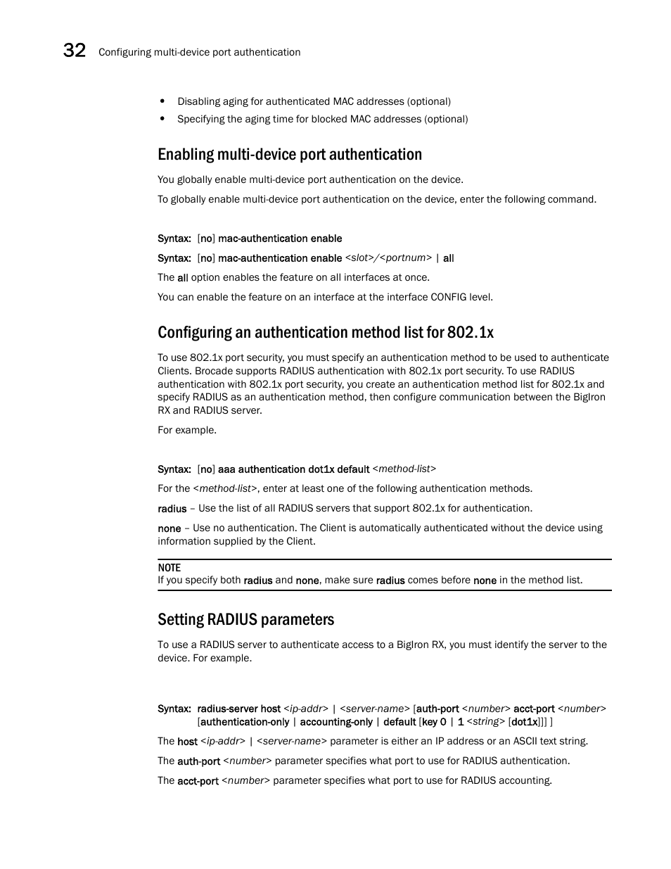 Enabling multi-device port authentication, Setting radius parameters | Brocade BigIron RX Series Configuration Guide User Manual | Page 1086 / 1550