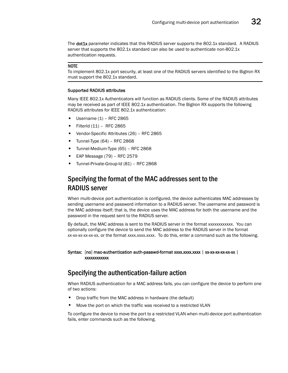 Specifying the authentication-failure action | Brocade BigIron RX Series Configuration Guide User Manual | Page 1087 / 1550