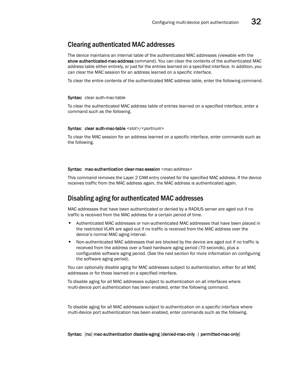 Clearing authenticated mac addresses, Disabling aging for authenticated mac addresses | Brocade BigIron RX Series Configuration Guide User Manual | Page 1093 / 1550