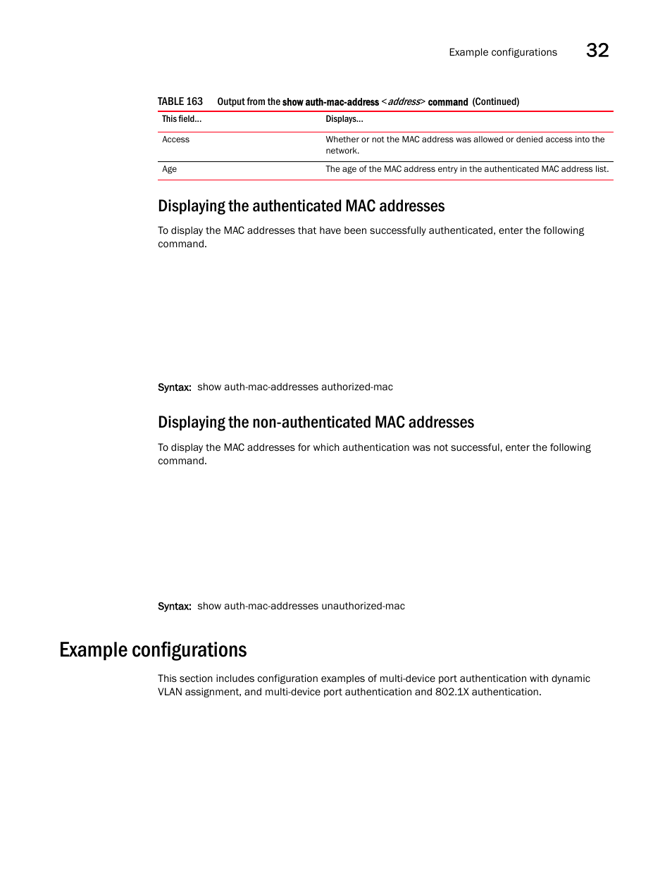 Displaying the authenticated mac addresses, Displaying the non-authenticated mac addresses, Example configurations | Example configurations 1 | Brocade BigIron RX Series Configuration Guide User Manual | Page 1099 / 1550