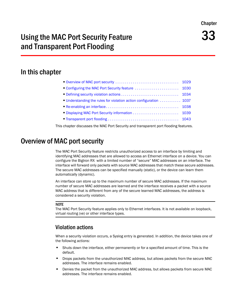 Overview of mac port security, Violation actions, Chapter 33 | Using the mac port, Security feature and transparent port flooding, Using the mac, Security feature and transparent port floodi ng | Brocade BigIron RX Series Configuration Guide User Manual | Page 1107 / 1550