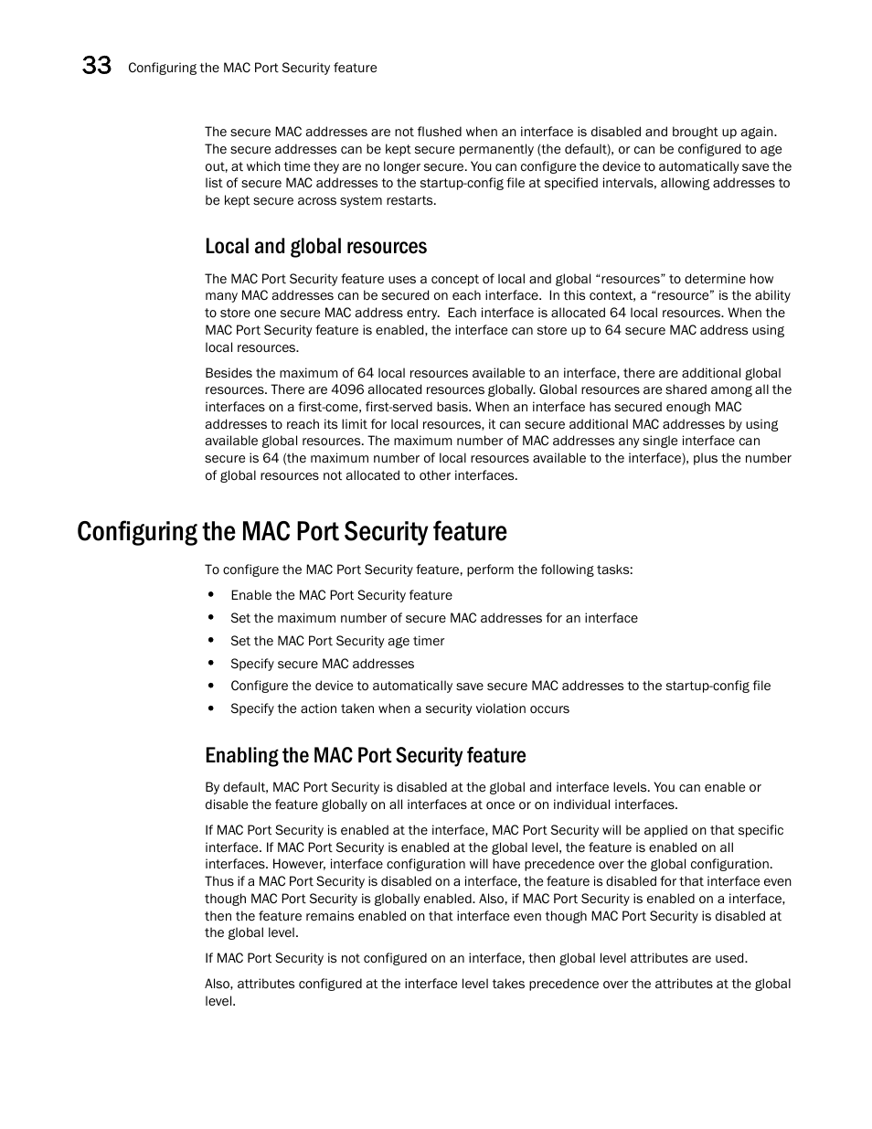 Local and global resources, Configuring the mac port security feature, Enabling the mac port security feature | Enabling the mac, Port security feature, Configuring the mac port security feature 0 | Brocade BigIron RX Series Configuration Guide User Manual | Page 1108 / 1550