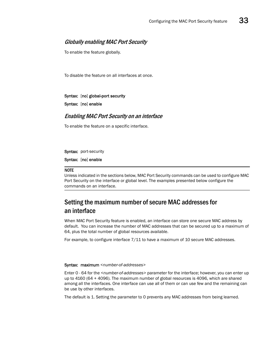 Globally enabling mac port security, Enabling mac port security on an interface | Brocade BigIron RX Series Configuration Guide User Manual | Page 1109 / 1550