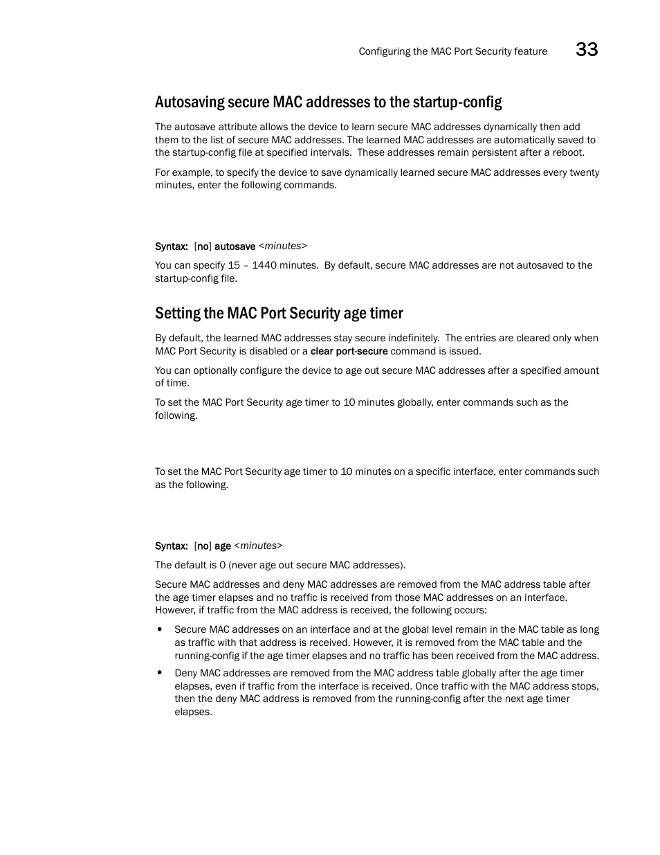 Setting the mac port security age timer | Brocade BigIron RX Series Configuration Guide User Manual | Page 1111 / 1550