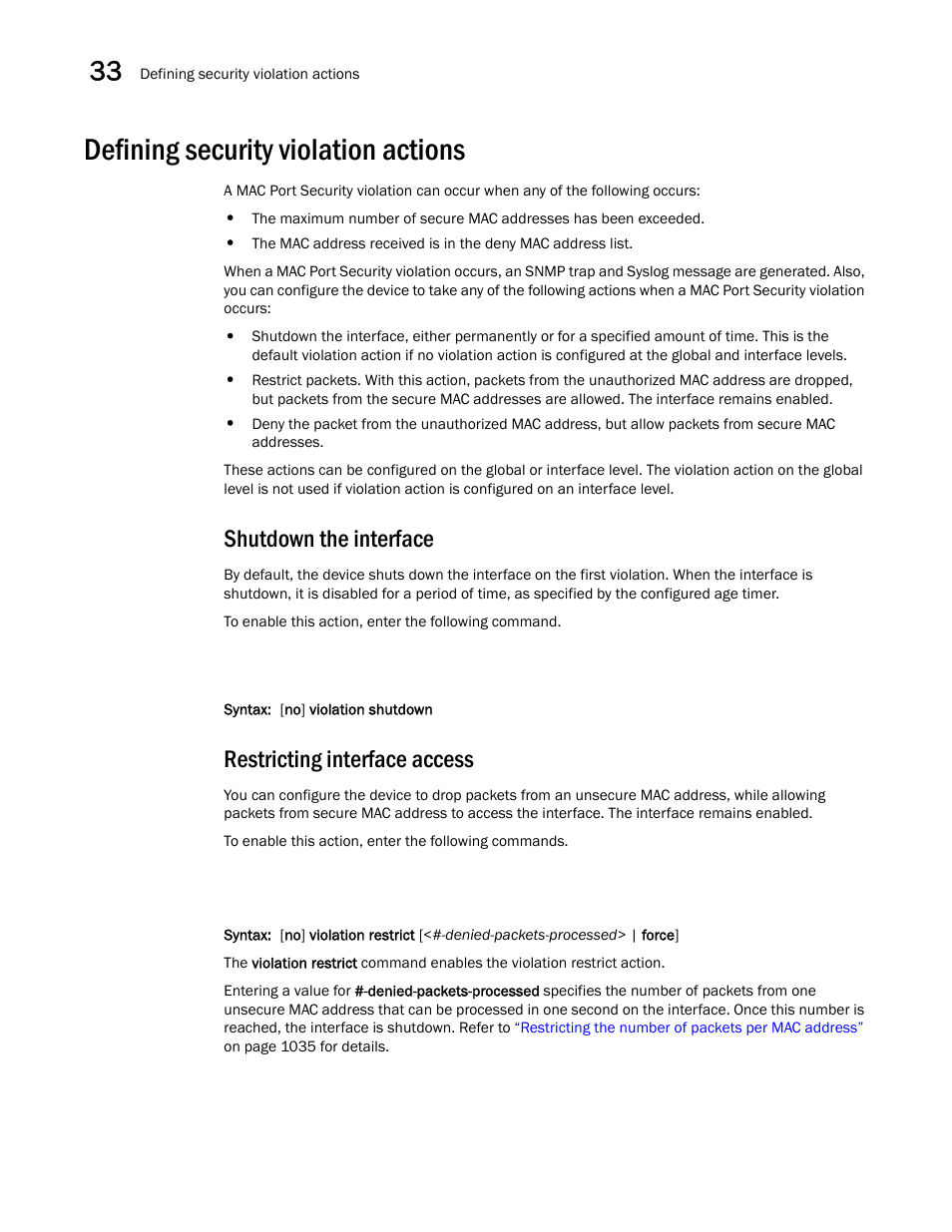 Defining security violation actions, Shutdown the interface, Restricting interface access | Restricting, Interface access, Defining security, Violation actions, Defining security violation actions 4 | Brocade BigIron RX Series Configuration Guide User Manual | Page 1112 / 1550