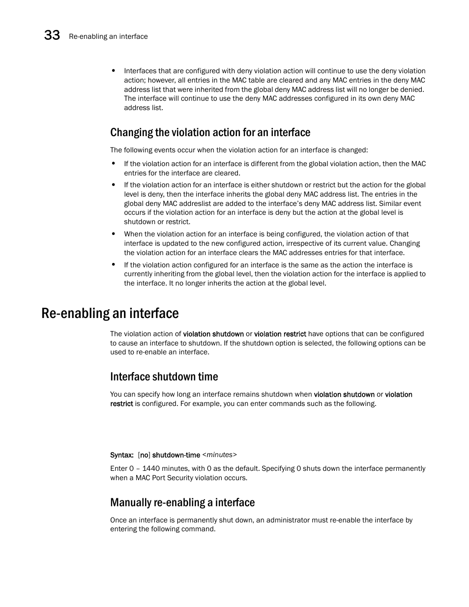 Changing the violation action for an interface, Re-enabling an interface, Interface shutdown time | Manually re-enabling a interface, Re-enabling an interface 8 | Brocade BigIron RX Series Configuration Guide User Manual | Page 1116 / 1550