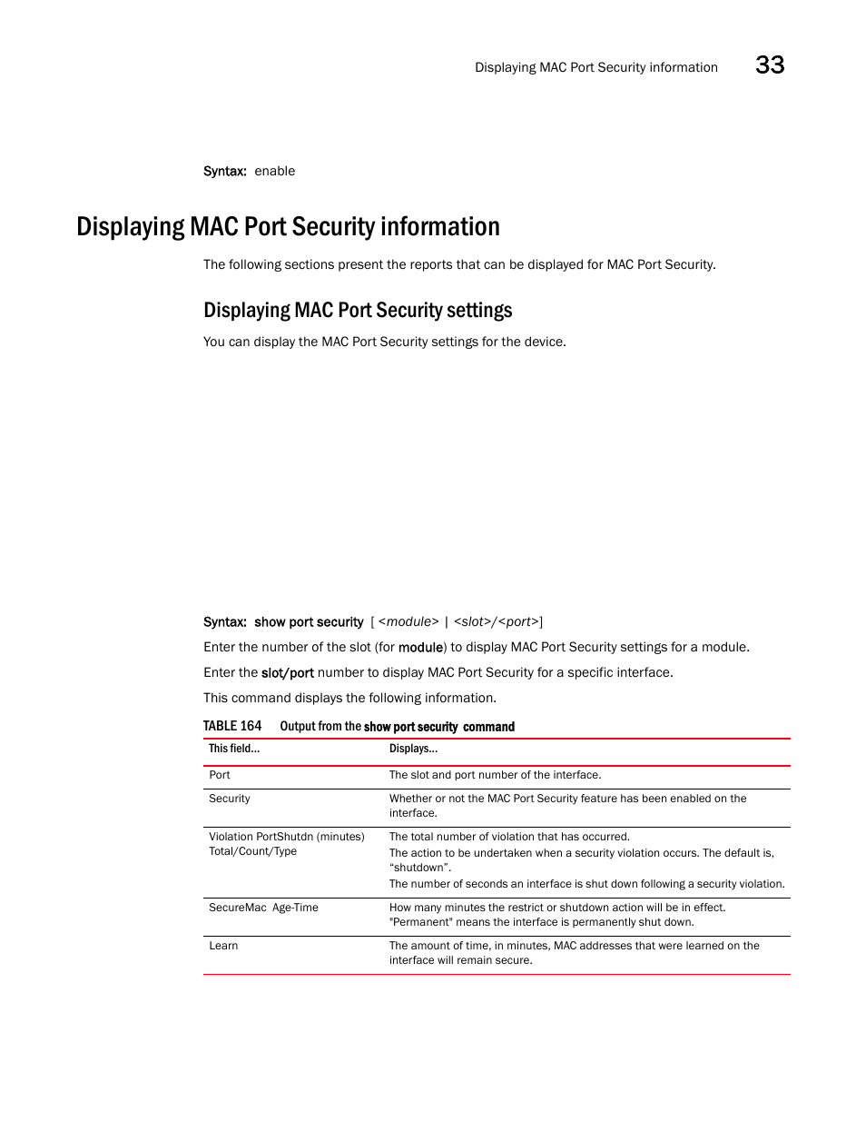 Displaying mac port security information, Displaying mac port security settings, Displaying mac port security information 9 | Brocade BigIron RX Series Configuration Guide User Manual | Page 1117 / 1550