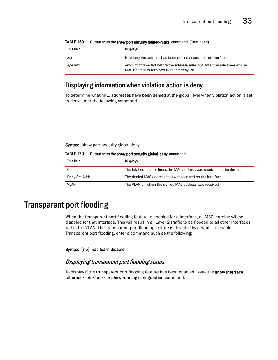 Transparent port flooding, Transparent, Port flooding | Transparent port flooding 3, Displaying transparent port flooding status | Brocade BigIron RX Series Configuration Guide User Manual | Page 1121 / 1550