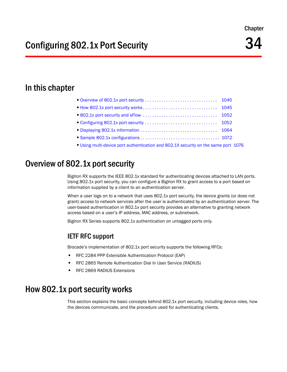 Configuring 802.1x port security, Overview of 802.1x port security, Ietf rfc support | How 802.1x port security works, Chapter 34, Configuring, 1x port security | Brocade BigIron RX Series Configuration Guide User Manual | Page 1123 / 1550