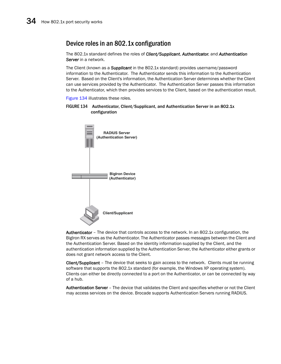 Device roles in an 802.1x configuration | Brocade BigIron RX Series Configuration Guide User Manual | Page 1124 / 1550