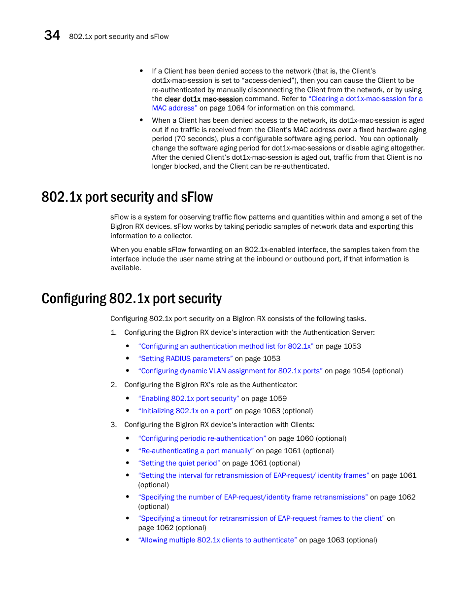 1x port security and sflow, Configuring 802.1x port security, 1x port security and sflow 2 | Configuring 802.1x port security 2 | Brocade BigIron RX Series Configuration Guide User Manual | Page 1130 / 1550