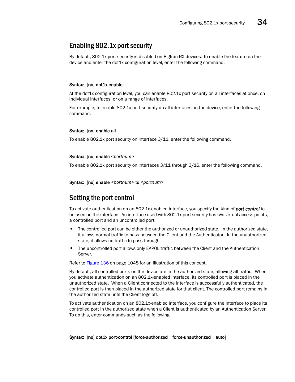 Enabling 802.1x port security, Setting the port control | Brocade BigIron RX Series Configuration Guide User Manual | Page 1137 / 1550