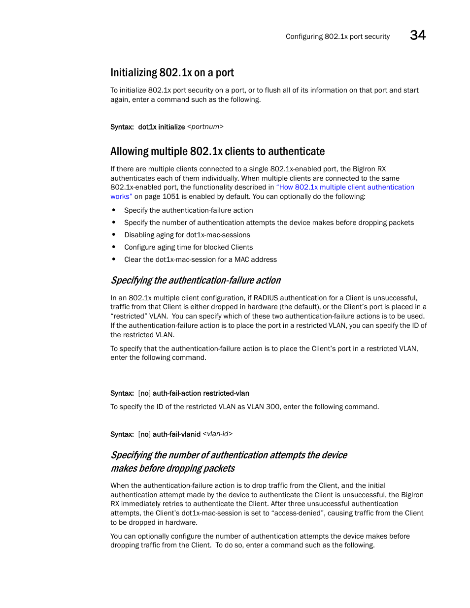 Initializing 802.1x on a port, Allowing multiple 802.1x clients to authenticate, Packets | Specifying the authentication-failure action | Brocade BigIron RX Series Configuration Guide User Manual | Page 1141 / 1550