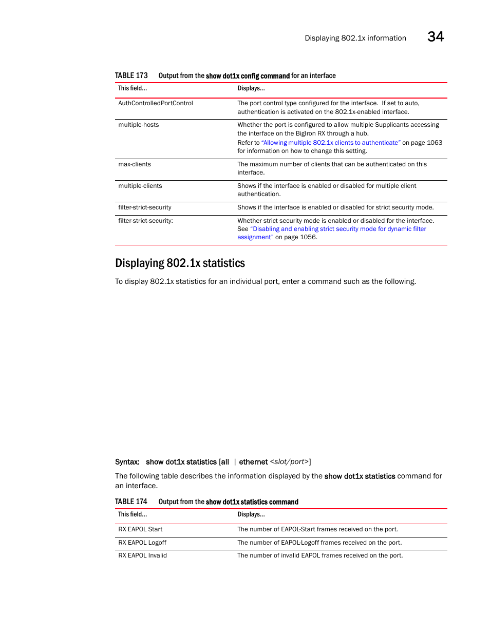 Displaying 802.1x statistics | Brocade BigIron RX Series Configuration Guide User Manual | Page 1145 / 1550