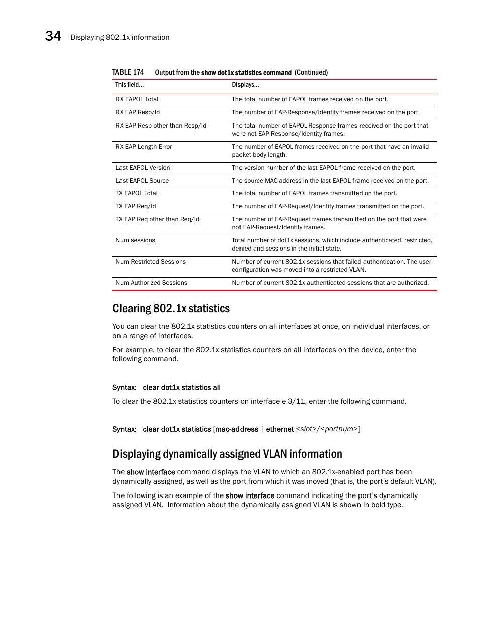 Clearing 802.1x statistics, Displaying dynamically assigned vlan information | Brocade BigIron RX Series Configuration Guide User Manual | Page 1146 / 1550