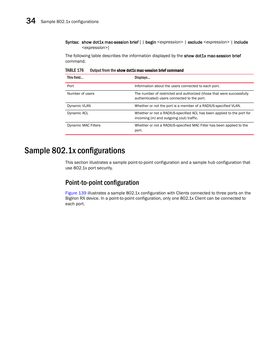 Sample 802.1x configurations, Point-to-point configuration, Sample 802.1x configurations 2 | Brocade BigIron RX Series Configuration Guide User Manual | Page 1150 / 1550