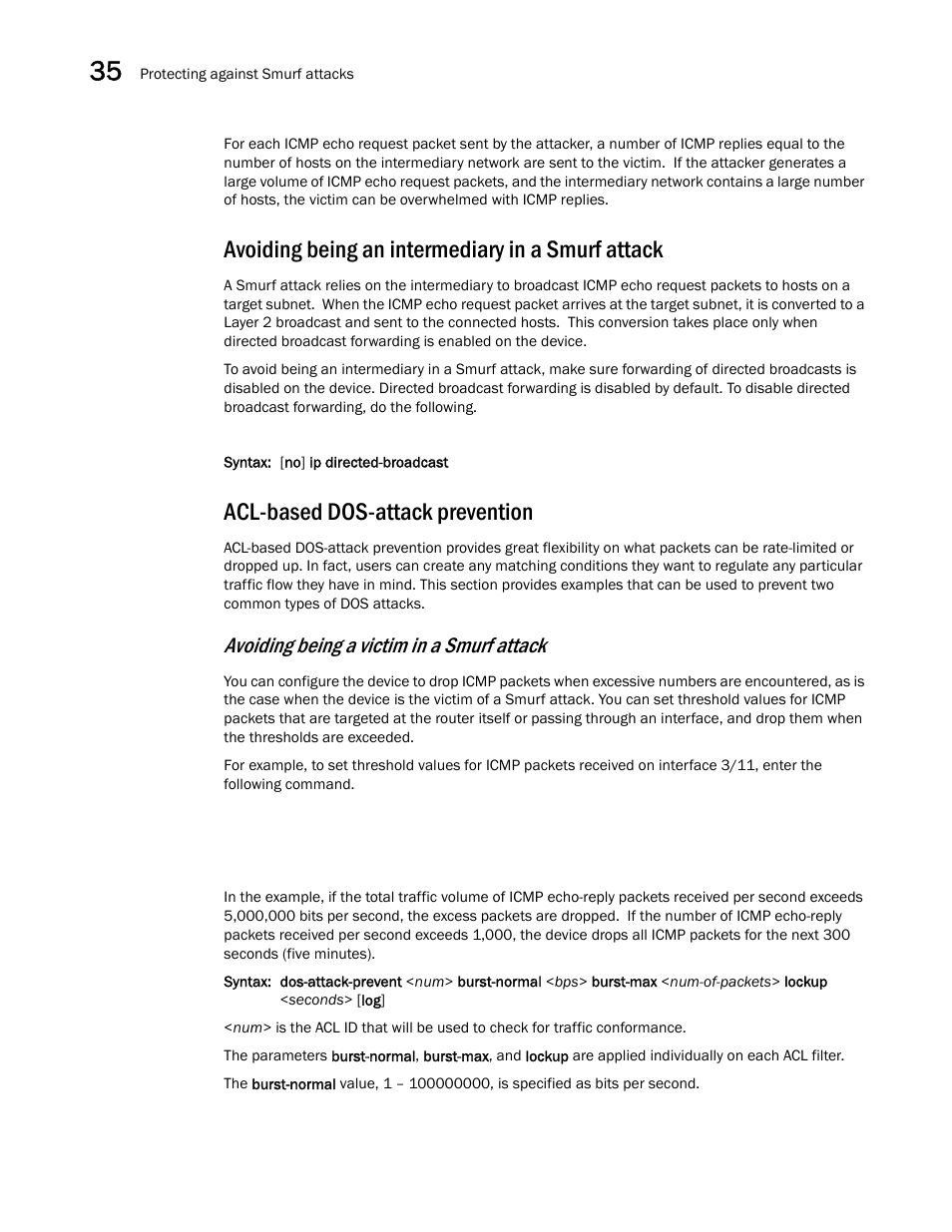 Avoiding being an intermediary in a smurf attack, Acl-based dos-attack prevention, Acl-based | Dos-attack prevention, Avoiding being a victim in a smurf attack | Brocade BigIron RX Series Configuration Guide User Manual | Page 1156 / 1550