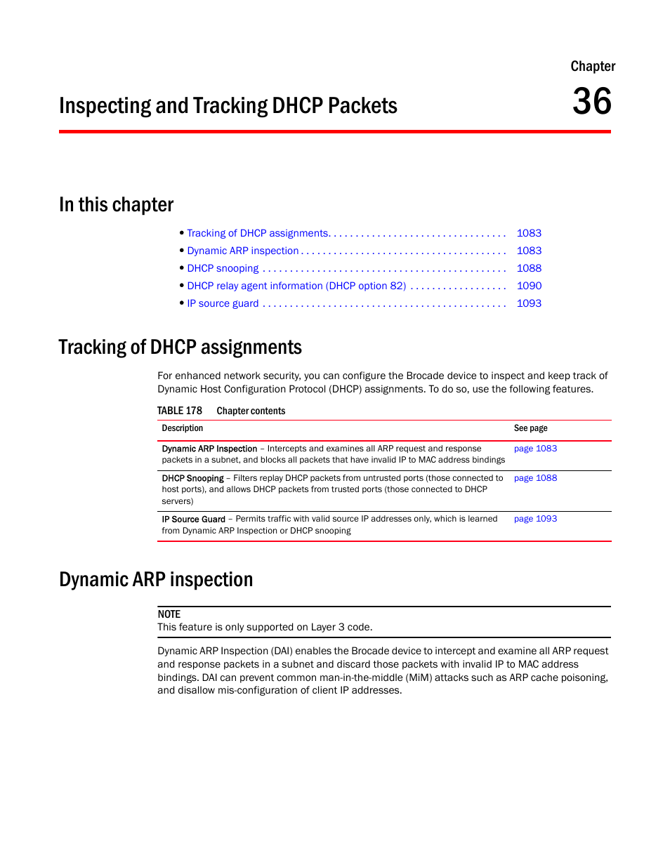 Inspecting and tracking dhcp packets, Tracking of dhcp assignments, Dynamic arp inspection | Chapter 36, Inspecting and, Tracking dhcp packets, Dynamic arp, Inspection | Brocade BigIron RX Series Configuration Guide User Manual | Page 1161 / 1550