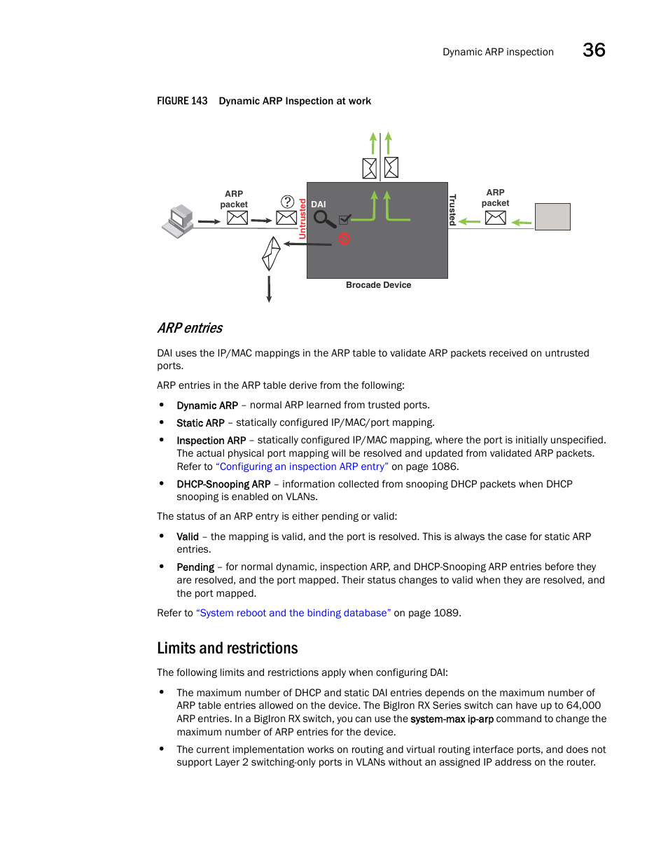 Limits and restrictions, Arp entries | Brocade BigIron RX Series Configuration Guide User Manual | Page 1163 / 1550