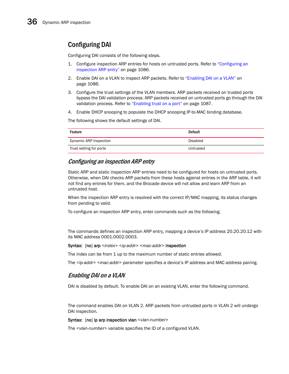 Configuring dai, Configuring an inspection arp entry, Enabling dai on a vlan | Brocade BigIron RX Series Configuration Guide User Manual | Page 1164 / 1550