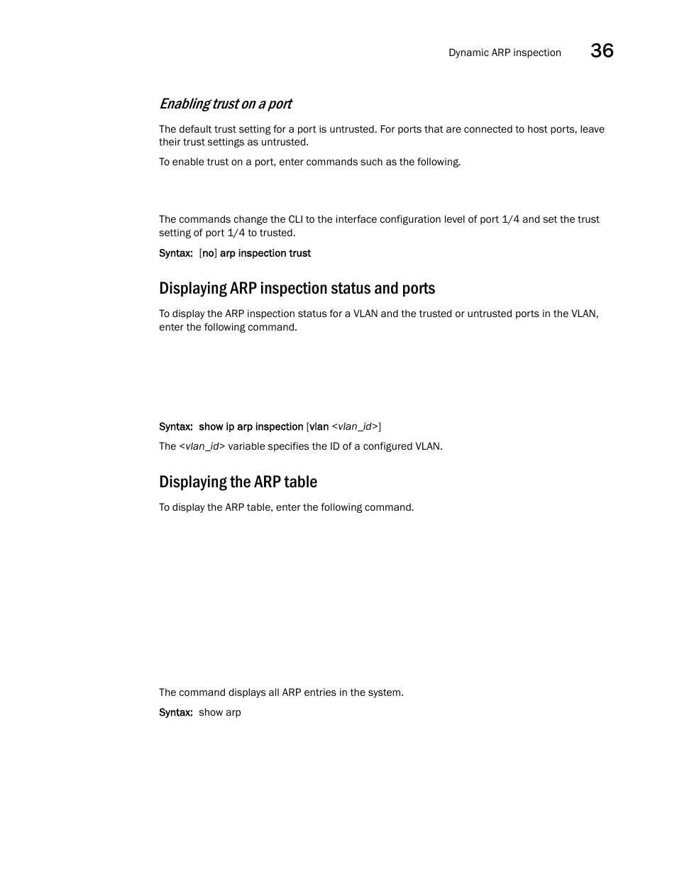 Displaying arp inspection status and ports, Displaying the arp table, Enabling trust on a port | Brocade BigIron RX Series Configuration Guide User Manual | Page 1165 / 1550