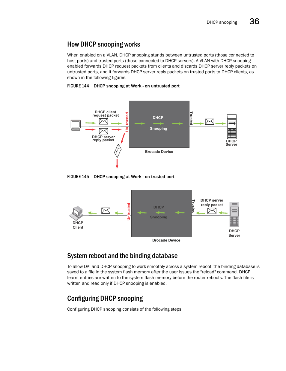 How dhcp snooping works, System reboot and the binding database, Configuring dhcp snooping | Brocade BigIron RX Series Configuration Guide User Manual | Page 1167 / 1550