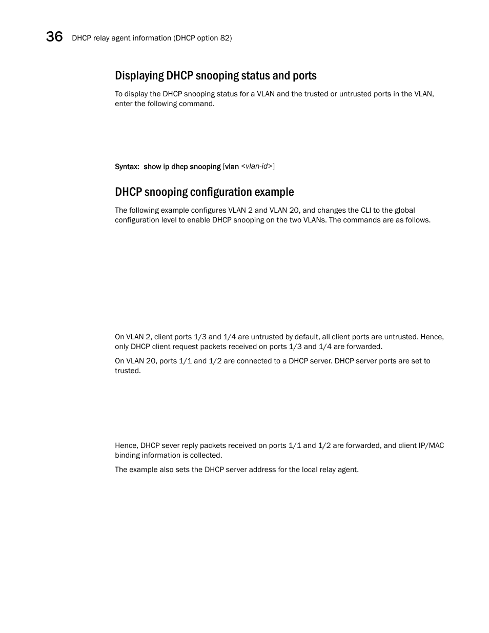 Displaying dhcp snooping status and ports, Dhcp snooping configuration example | Brocade BigIron RX Series Configuration Guide User Manual | Page 1170 / 1550