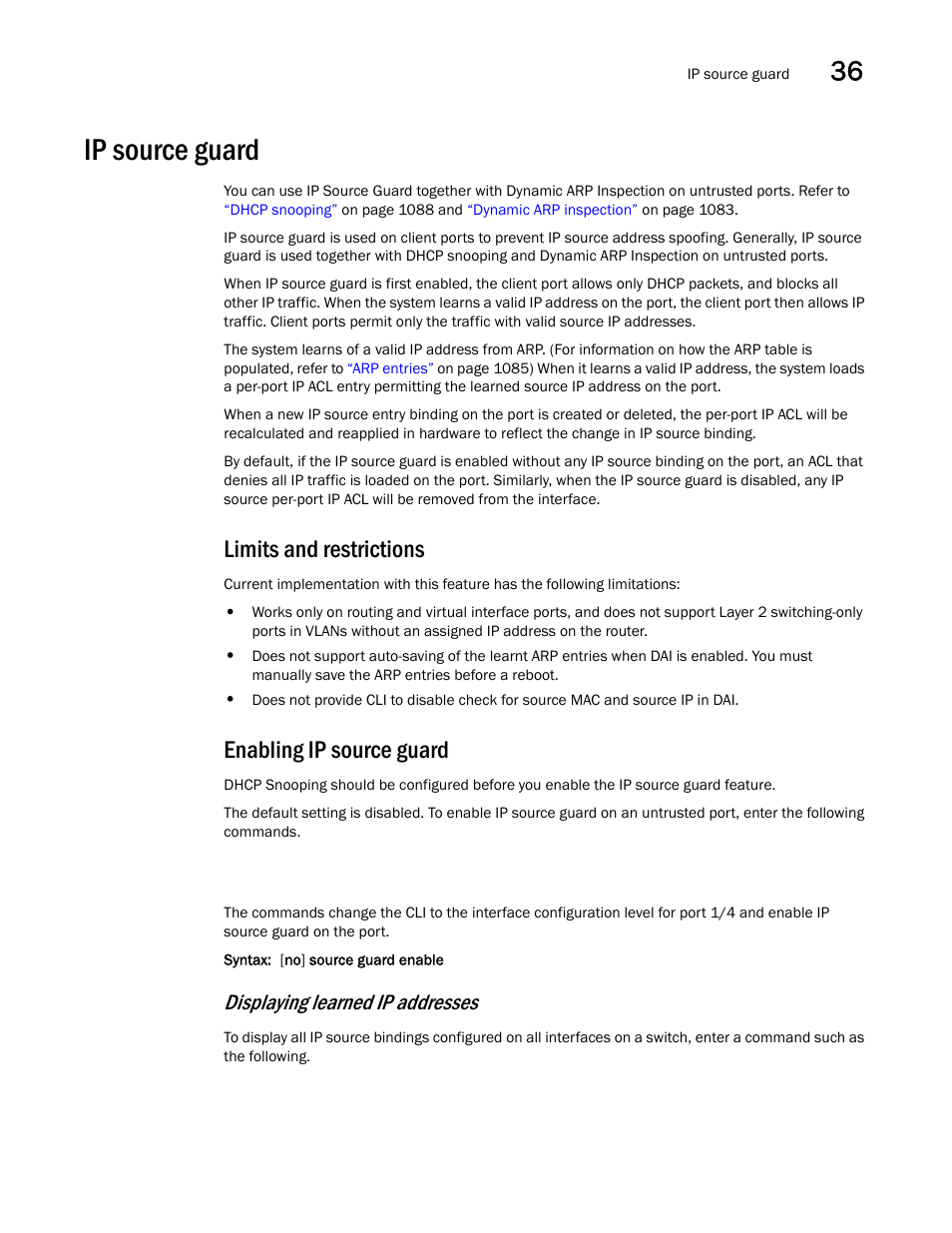 Ip source guard, Limits and restrictions, Enabling ip source guard | Ip source guard 3, Displaying learned ip addresses | Brocade BigIron RX Series Configuration Guide User Manual | Page 1171 / 1550