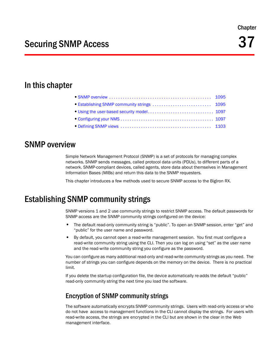 Securing snmp access, Snmp overview, Establishing snmp community strings | Encryption of snmp community strings, Chapter 37, Securing snmp, Access | Brocade BigIron RX Series Configuration Guide User Manual | Page 1173 / 1550