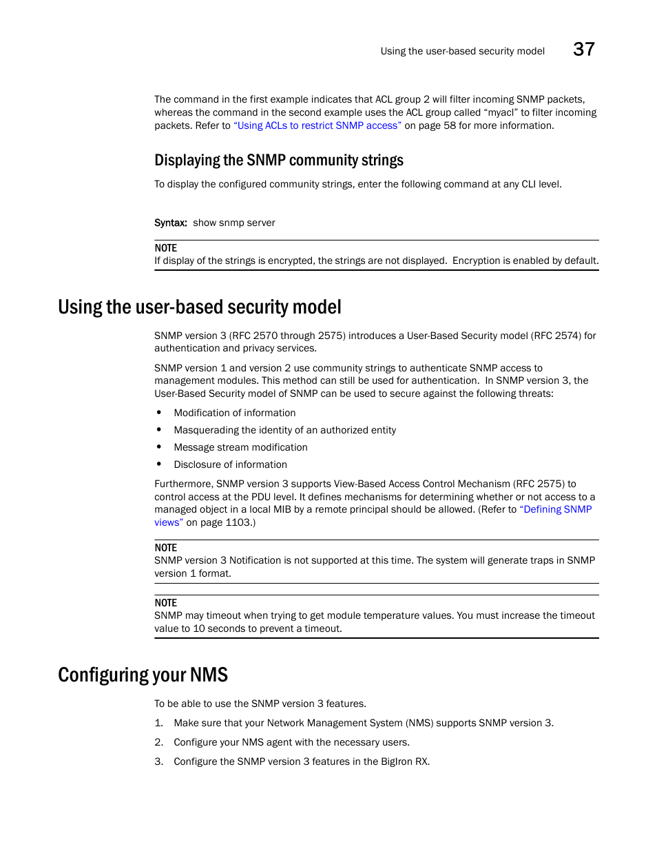 Displaying the snmp community strings, Using the user-based security model, Configuring your nms | Using the user-based security model 7, Configuring your nms 7 | Brocade BigIron RX Series Configuration Guide User Manual | Page 1175 / 1550